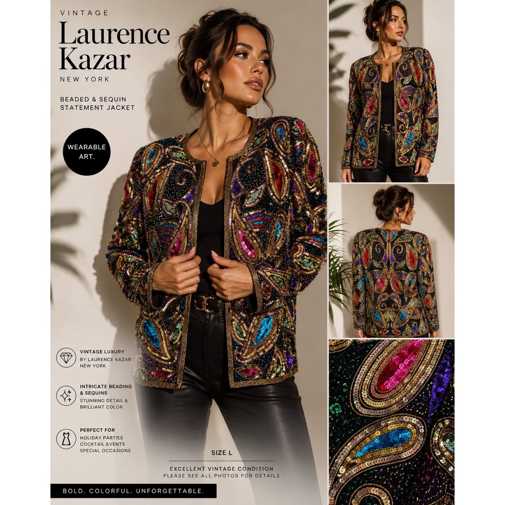 Vintage Laurence Kazar Silk Beaded Sequin Statement Jacket L Glam Art‎ Wear
